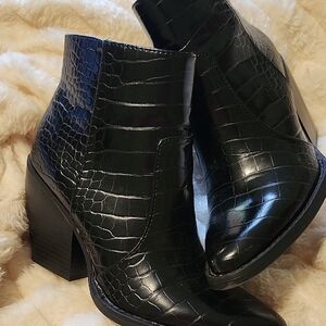 Black Croc-Embossed Ankle Boots